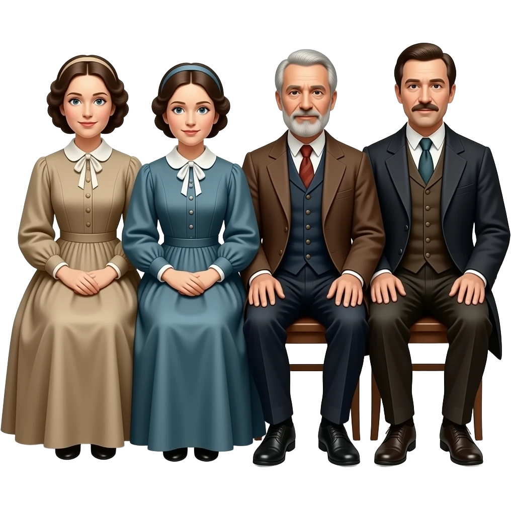two mothers and two fathers depicted in sitting poses as in daguerreotypes posing in vintage civilian clothes emoji