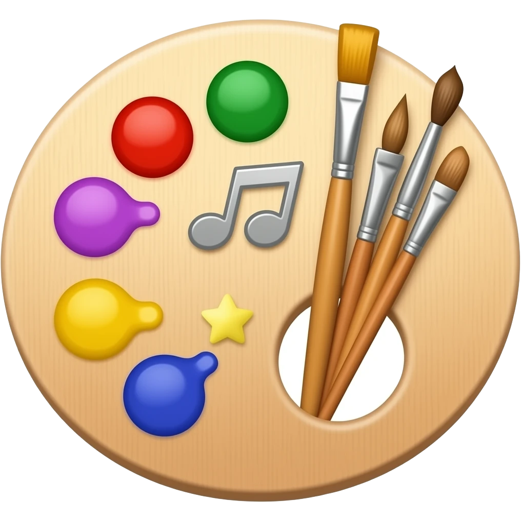 Палитра художника с кистями с музыкальной нотой и маленькой звездой emoji