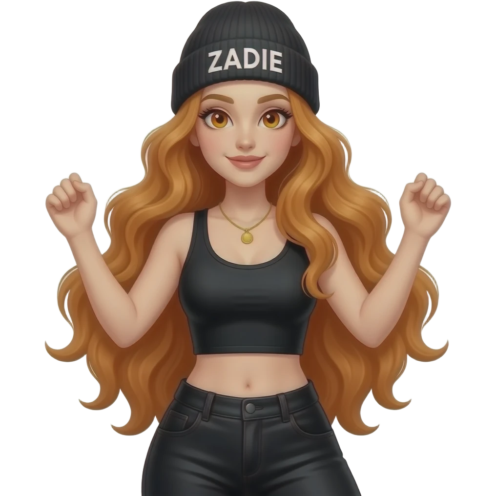 sexy girl with overlong wavy ginger hair and ginger eyes wearing a black tanktop, a black pants and a black beanie with ZADIE written on it, is dancing emoji