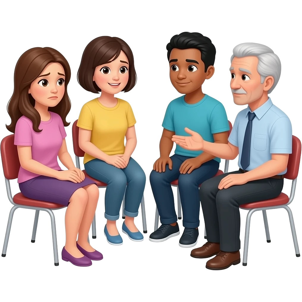 mujer de pelo largo cara preocupada, mujer de pelo corto con actitud positiva, hombre de pelo melena con actitud positiva, hombre con gesto amable; de 40 a 60 años; responsables de adolescentes, conversando en ronda, sentados. DISTINTA VESTIMENTA, CLASE SOCIAL Y RASGOS FISICOS emoji