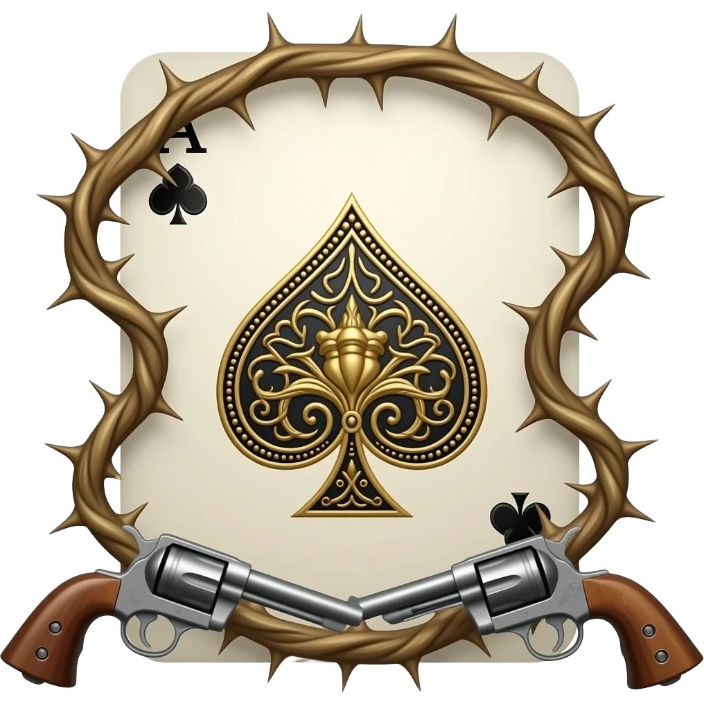 richly ornamented spade ace surrounded by tendrils of thorns and antique 1851 Navy Revolvers and Rickenbacker Motorhead MODEL 4003SW emoji
