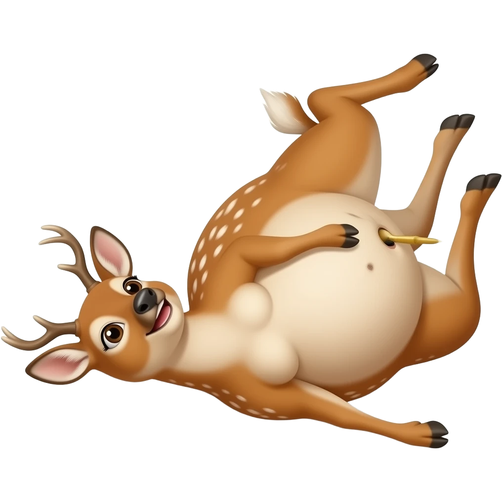 A female deer/doe is sprawling on her back unable to move,she got stuck by her own massive obese tummy,couldn’t even try defend her bellybutton from fingering tickling pokers,she is that Fat,She is too full for fun right now,that deer is going to pop. emoji