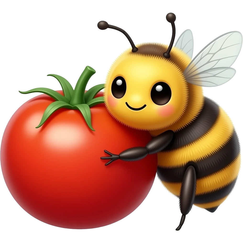 a cute bumblebee hugging a big cherry tomato emoji