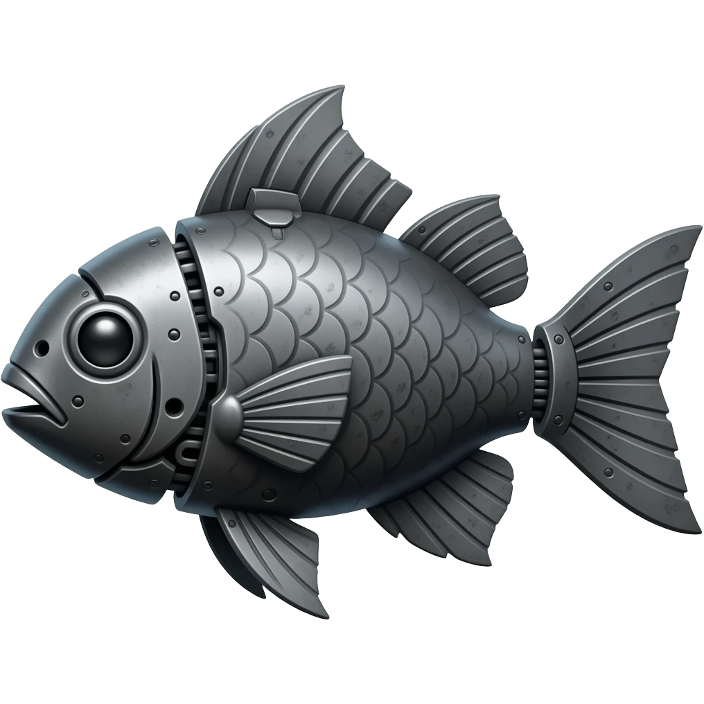 2 mechanical fish facing opposite directions made of dark grey metal with black and red markings. emoji