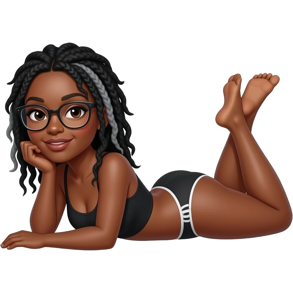 Black woman with black locs (with some gray) and glasses laying down with legs open and back in panties emoji
