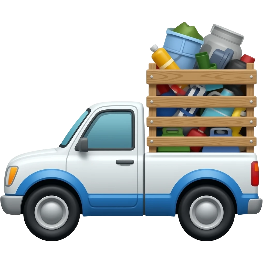 side view of a pickup truck loaded with junk, make the pickup truck white and blue and load it with junk at the back space emoji