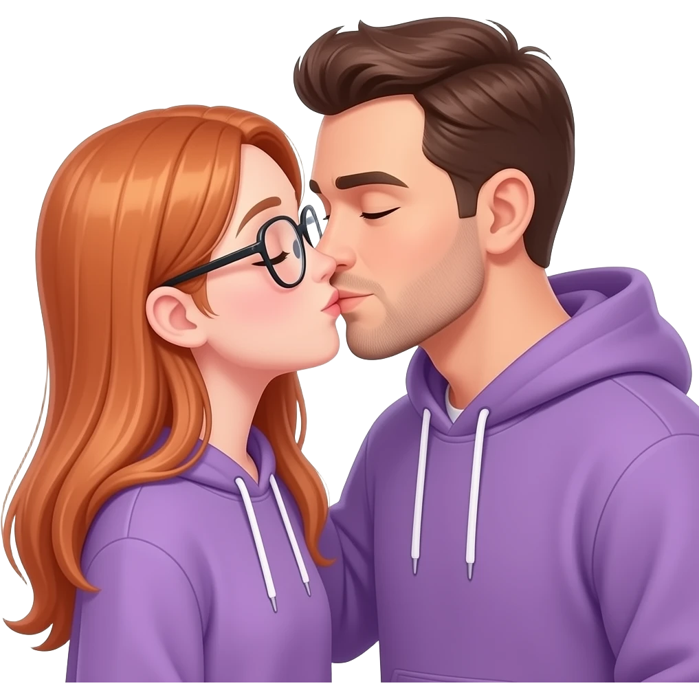 a dad and 13 year old girl kissing girl has long straight light red hair CLEAR glasses girl wearing purple sweatset emoji