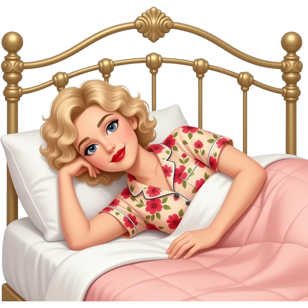 Short curly blond hair side swept red lipstick and peach and RED FLORAL SHORT SLEEVE PAJAMAS SET UNDER A PEACH DUVET SLEEPING ON THE SIDE, BLACK EYEBROWS ON A VITCTORIAN BED emoji