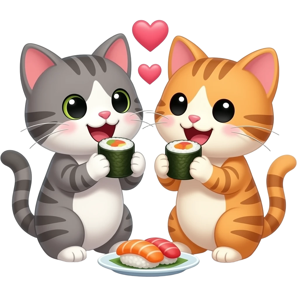two happy cats in love eating sushi today emoji