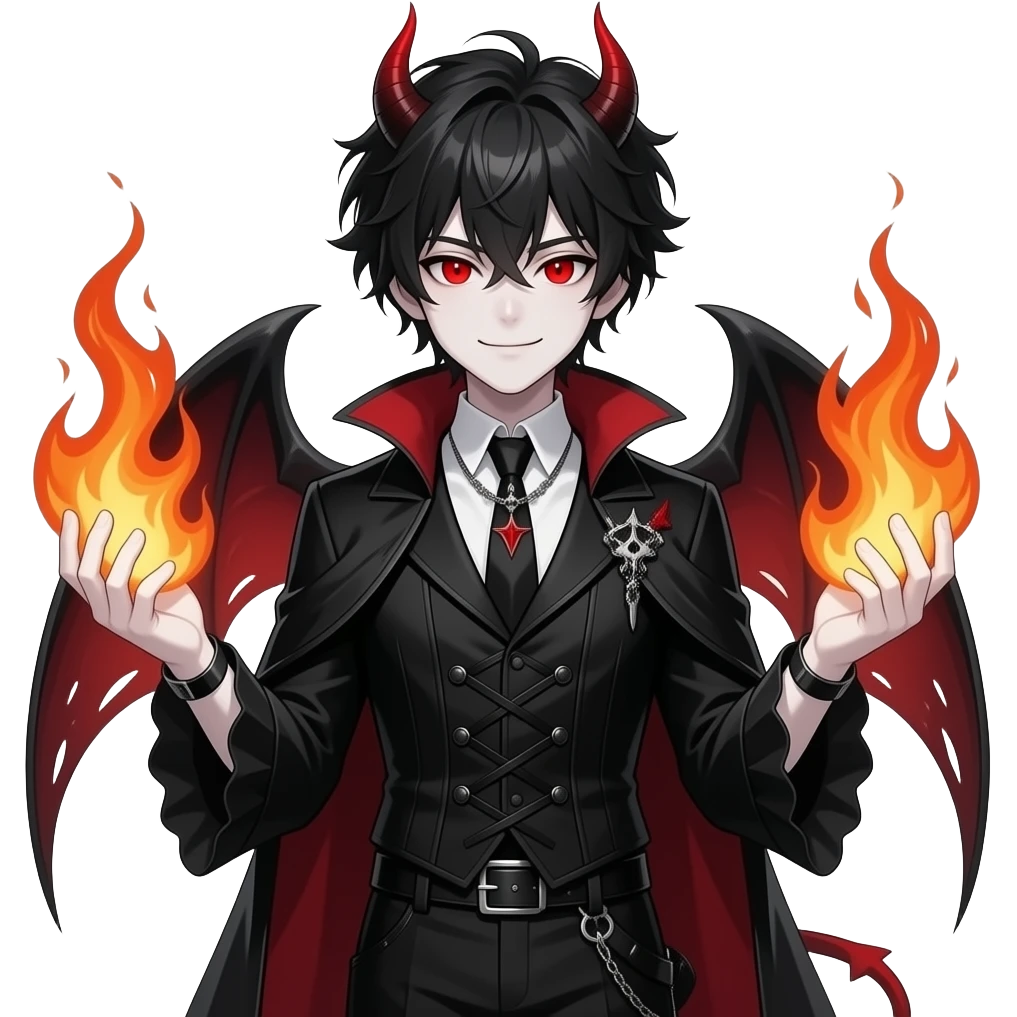 young demonic male with messy black hair, deathly white skin, a confident facial expression and bright red eyes, in a gothic-style black outfit and fire in his hands full body emoji emoji