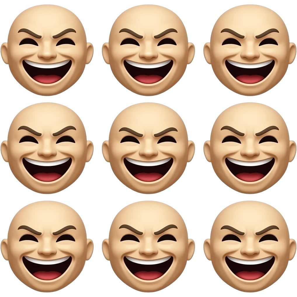 variedad de mascaras burlonas, risas histericas malvadas, sin ojos, cada mascara es diferente en la expresion facial emoji