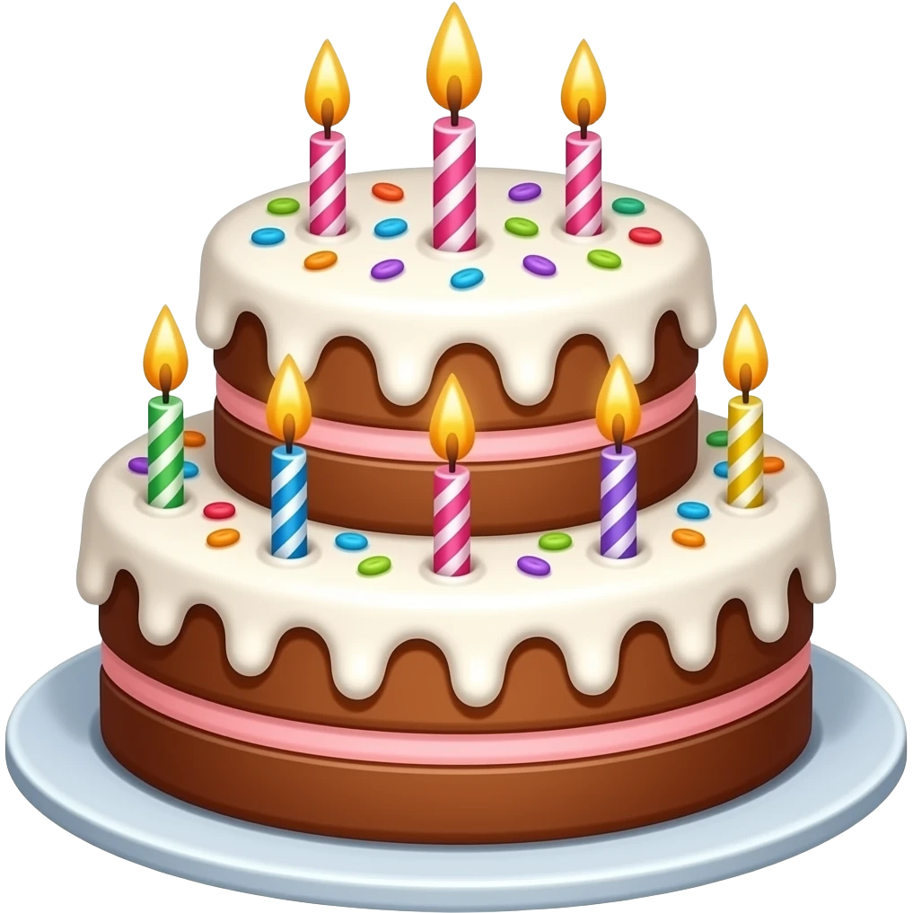 festive two-story cake (white icing on top, pink bottom, brown cakes) with candles (five on the lower floor and 3 on the upper floor) and sprinkles, THE PLATES SHOULD NOT BE emoji
