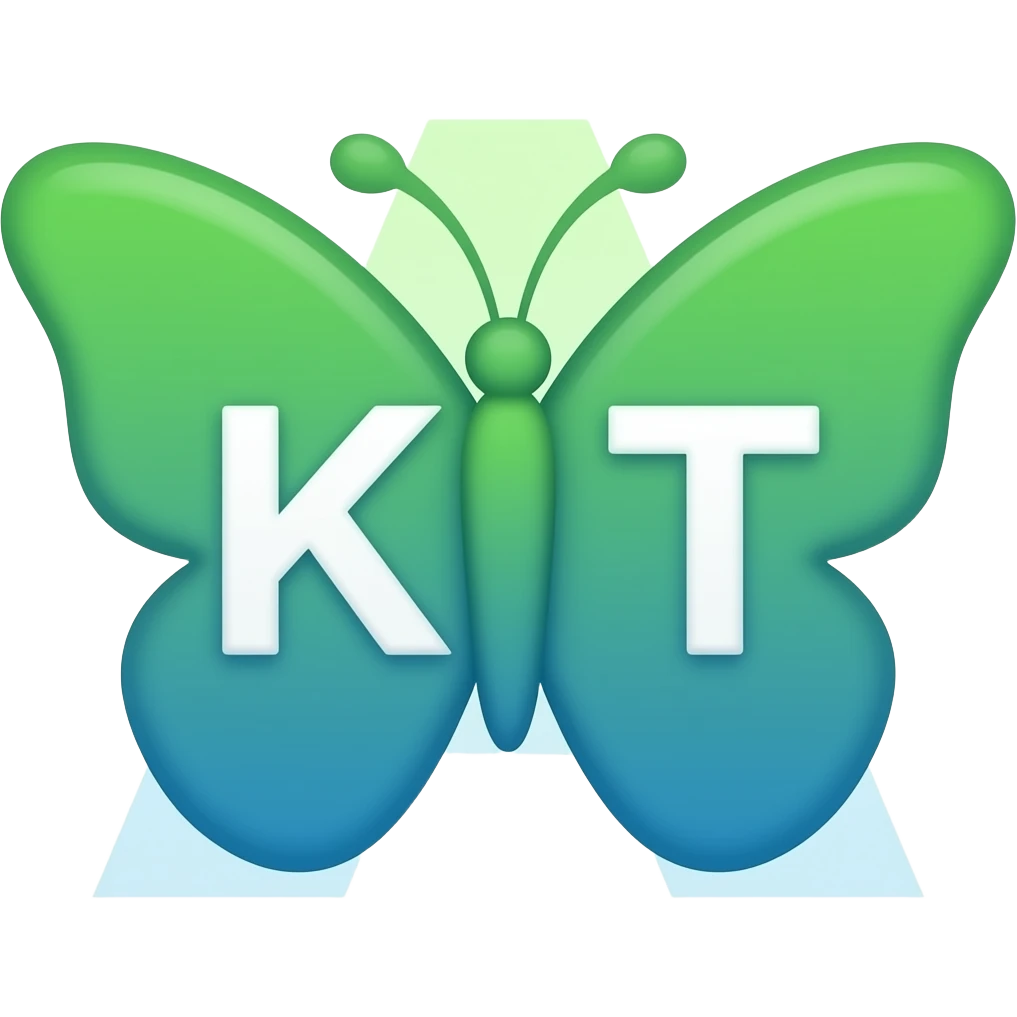 Symbol A from Amper Jetbrains logo and symbols KT born from that A. Make KT be out of A, both A and KT shoud be on the emoje. KT is born from A like a batterfly is born from . A is stylized the same way with green - blue gradient like Jetbrains Amper logo. KT is batterfly, not A emoji