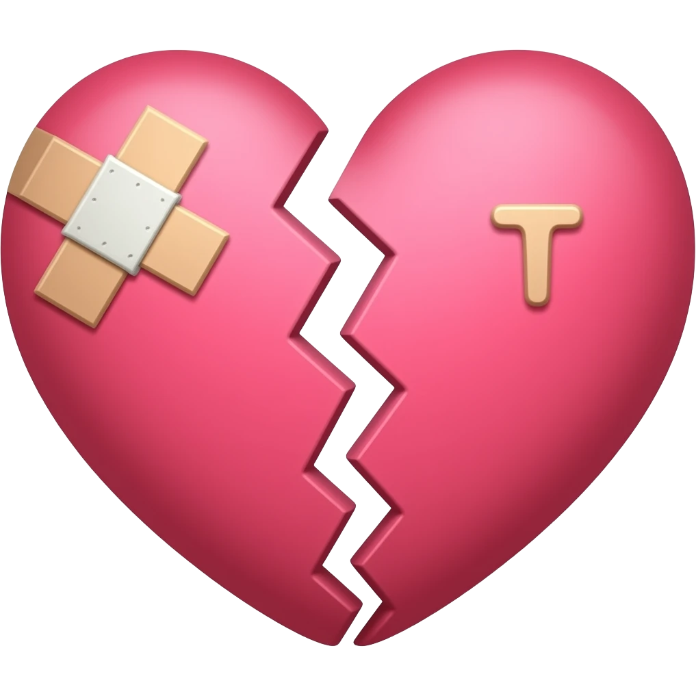 Broken Pink heart with bandage and small T letter written in one side small. emoji