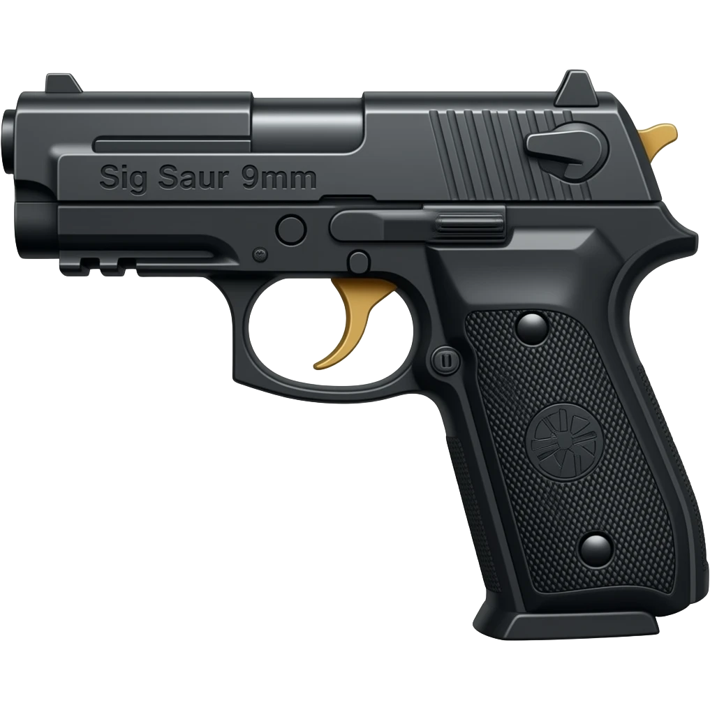 Make a black sig saur 9mm pistol and add the name "Sig Saur 9mm" on the barrel . Make the name darker.   Make a red dot sig saur ROMEO-RS COMPACT ROSE sight on the gun and a gold trigger. emoji