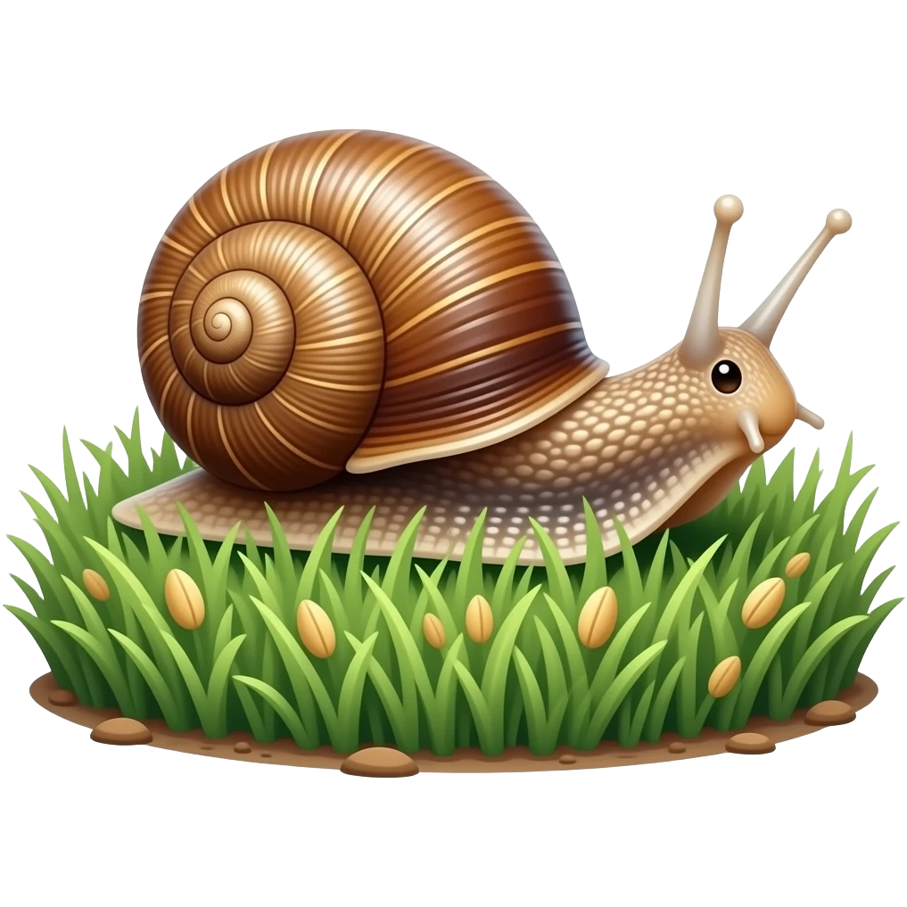 Photorealistic macro photo emoji of a real garden snail crawling through dense silver-green grass with tiny seeds, glossy brown striped shell, wet skin, no caterpillars, no text, isolated on solid white background emoji