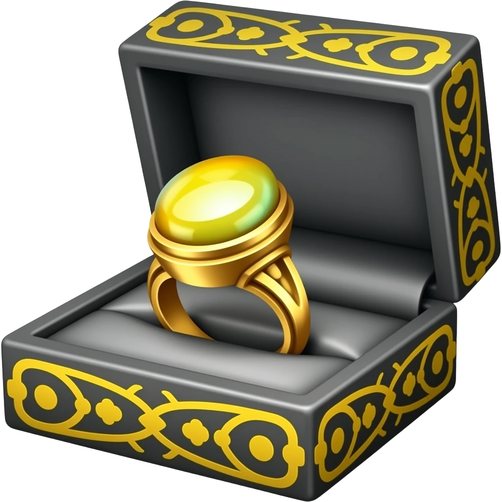 yellow Opal ring in a black box with yellow ornate trim emoji