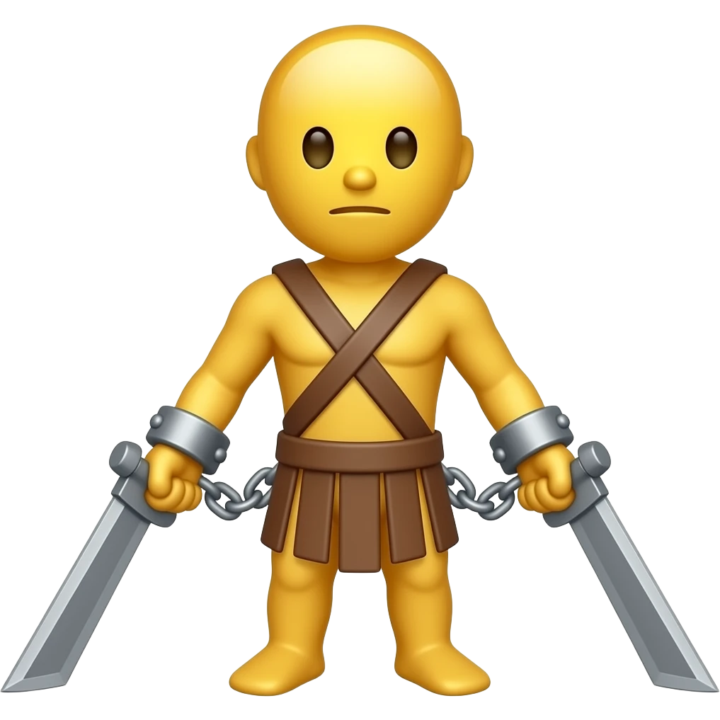 spartacus, minimal, full body, yellow skin, tipical emoji caracter style, more emojis style, more minimal, with weapons, more simplistic, emoji style, shackles on wrist with broken chains emoji