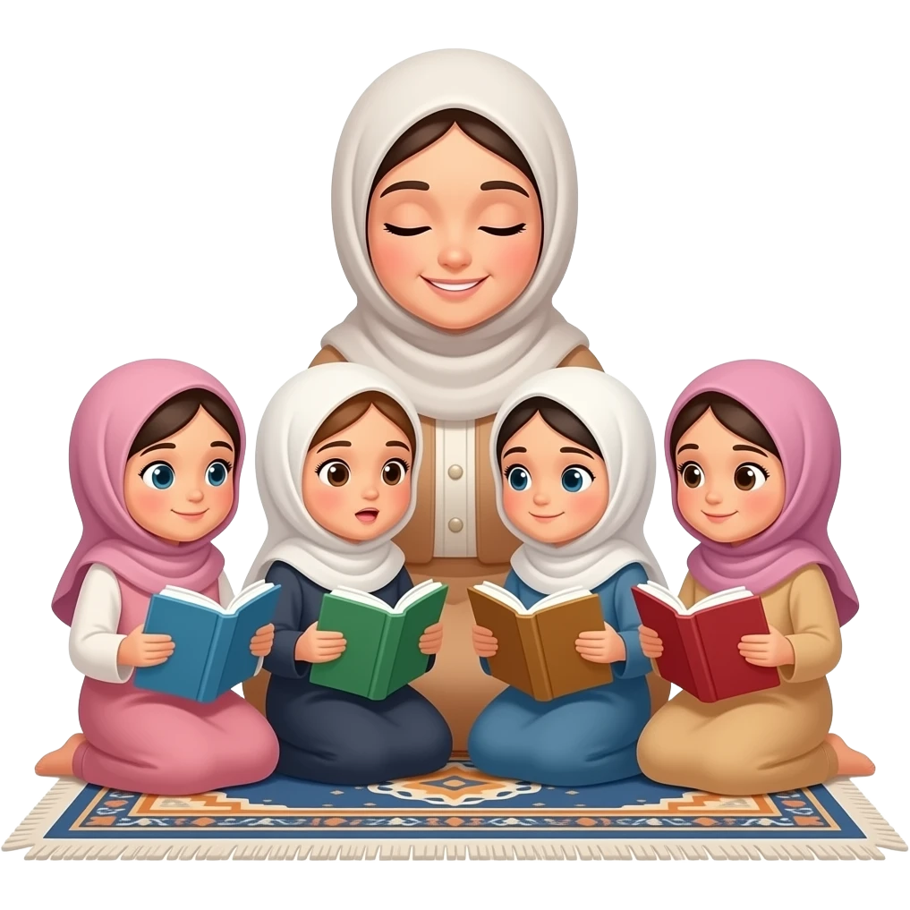 one women is sitting with children in islam and teaching them manners a feamale nit a male kids should be little girls with hijab vary faces book in hand sitting on carpet emoji