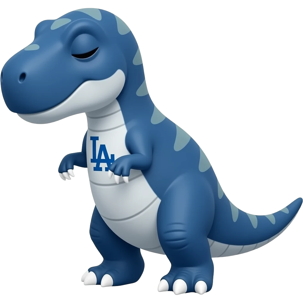 dodgers LA logo on his white belly deep blue dinosaur cute, and white nails, with black and white eyes sleepy emoji