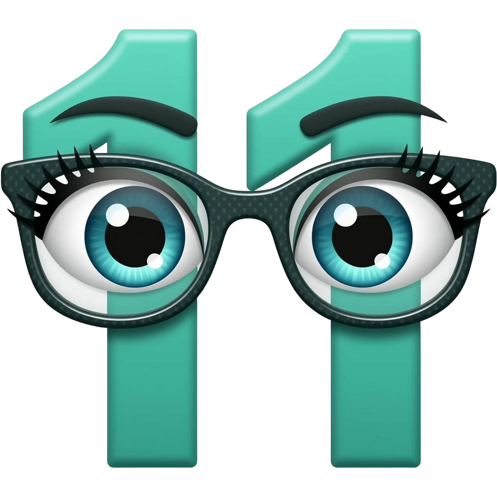 A teal number 11 with two eye with eyelashes because it is female and it is wearing glasses emoji