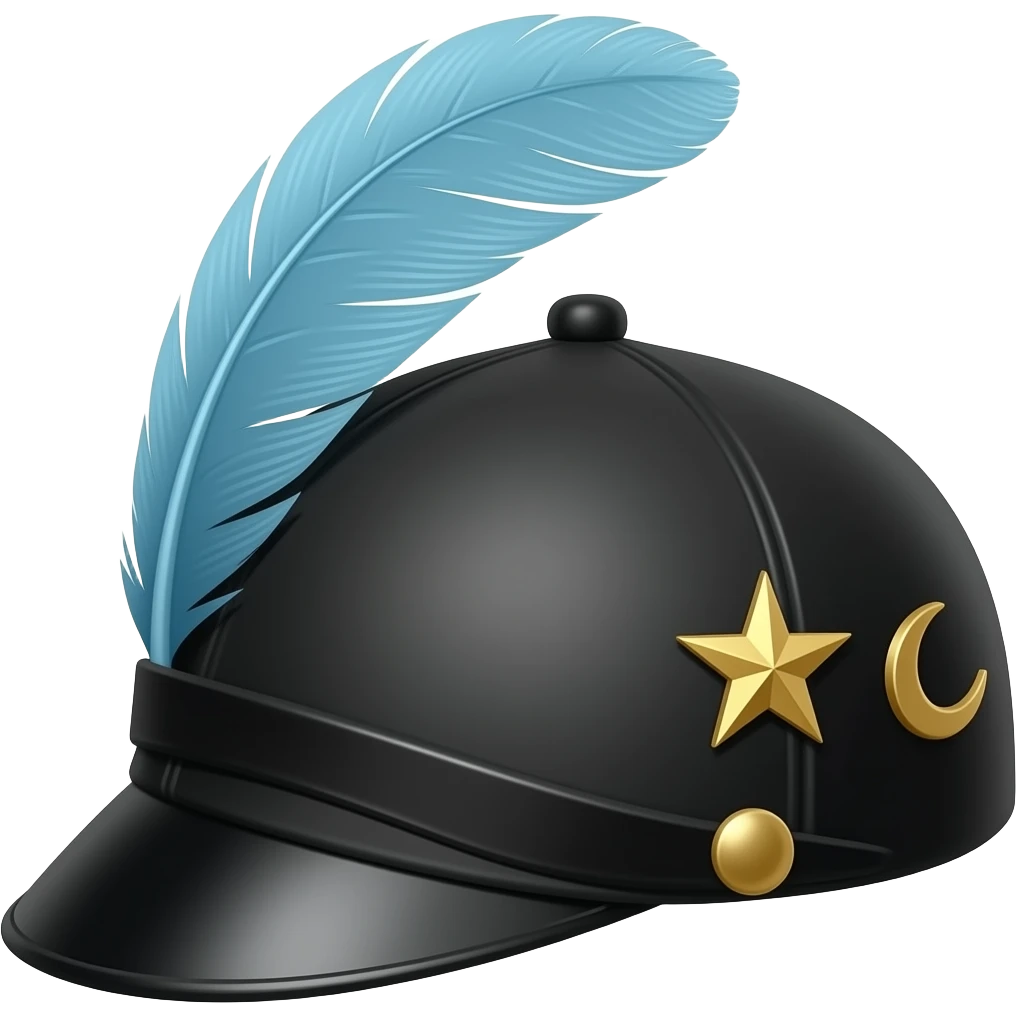 Flat Black Breton Cap military hat with gold stars and crescent pins on the side, and a sky blue feather on the side pointing backwards emoji