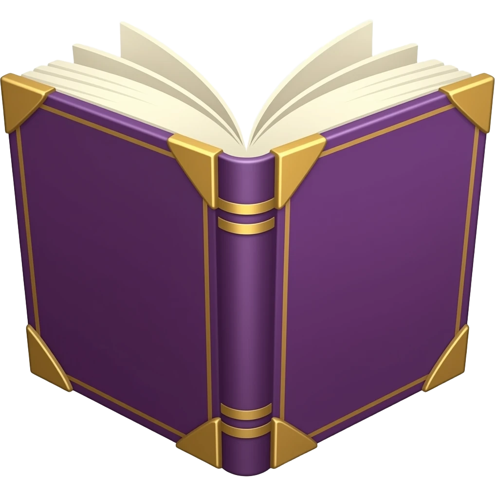 Open fantasy book emoji, pages facing viewer, thin purple hardcover with gold corners, cream pages, centered, transparent background, polished RPG game icon style, no glow, no bookmark emoji