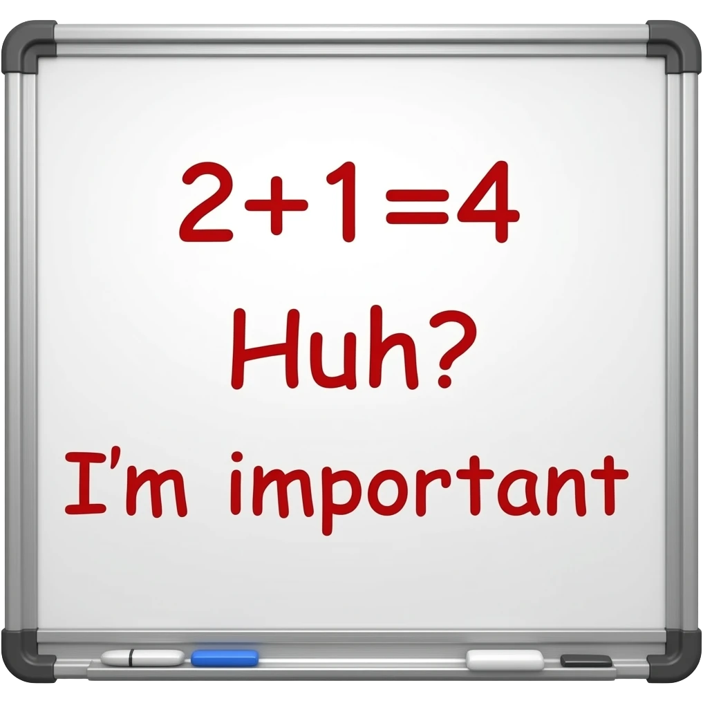 has writing like  math done wrong "2+1=4" and "Huh?" and "I'm important" on a whiteboard with read ink. emoji