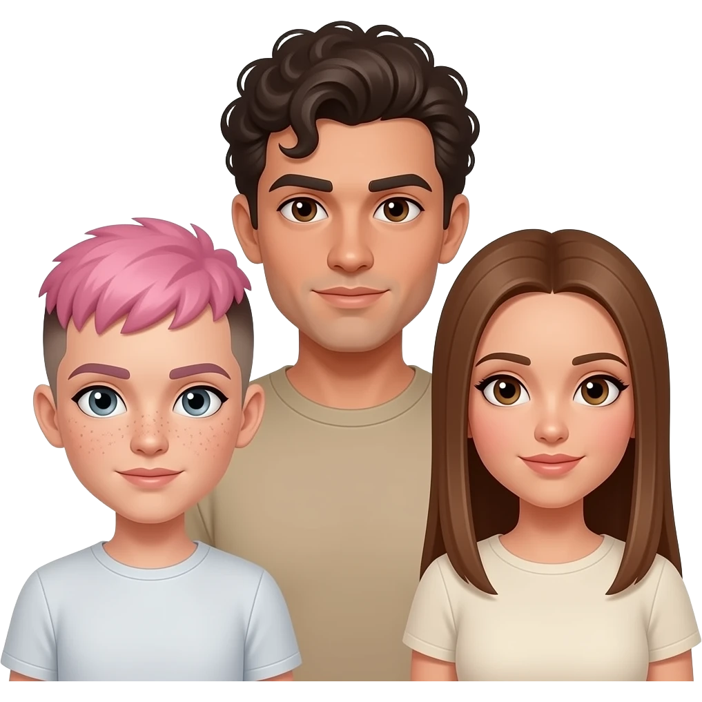three people: short pale nonbinary person with short pink hair and a brown undercut with gray eyes and freckles, a tall clean shaven beige-skinned man with dark brown eyes + curly hair, and a medium height woman with light tan skin, light brown straight long hair, and brown eyes emoji