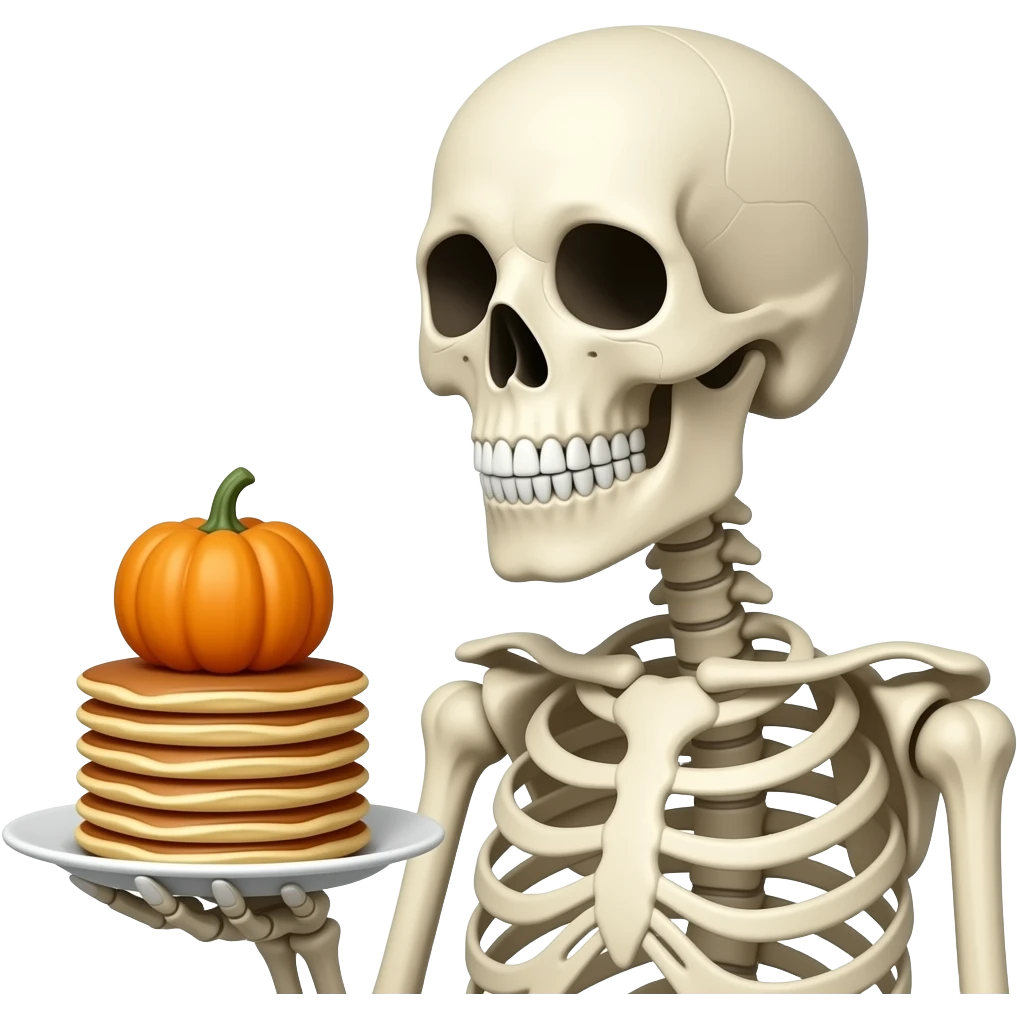 Skeleton holding pancakes with a pumpkin on top emoji