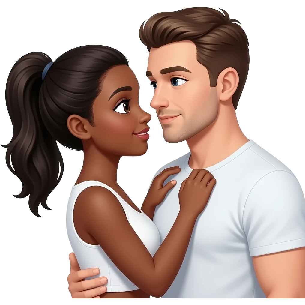 Dark skin Black girl sex position with tan white guy with brown pony tail emoji