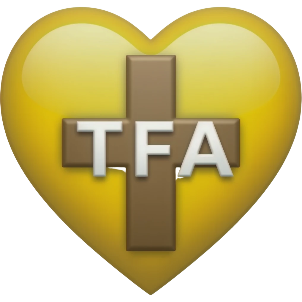 A brown cross with the words TFA all in white next to it all in a big yellow heart emoji