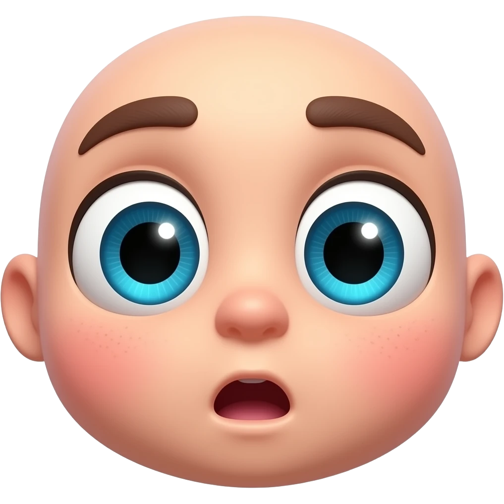 A cute Pixar-style 3D animated character expressing the 'Oh!' emotion, showing surprise and realization. The character has big round sparkling eyes wide open, mouth formed into a perfect small 'O' shape, raised eyebrows, and rosy cheeks. emoji