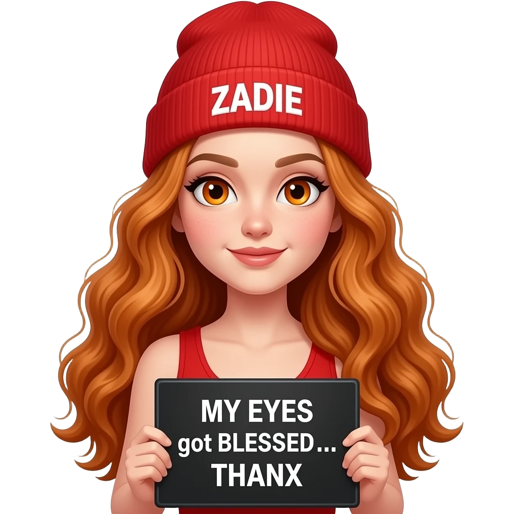 sexy girl with overlong wavy ginger hair and ginger eyes wearing a red tanktop and a red beanie with ZADIE written on it, is holding a black sign with MY EYES got BLESSED... THANX written on it emoji