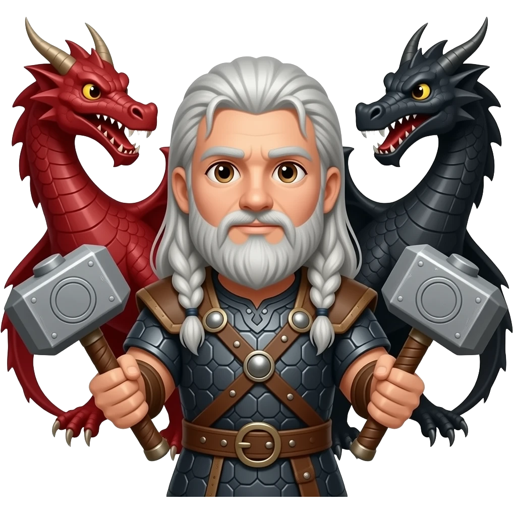 la même image mais les yeux brun et les cheveux et la barbe de couleur argenté. un viking aux cheveux long et une barbe moyenne argenté avec un marteau à deux main sur lequel repose ses deux mains. Ce viking est entre deux dragons, l'un est rouge et l'autre est noir . emoji