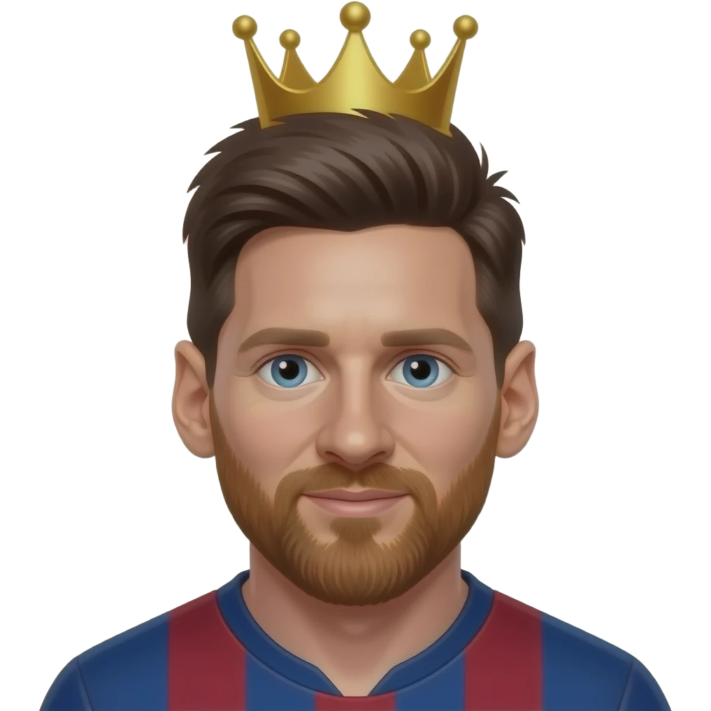 Messi emoji, same Messi face, small golden king crown above head, clean 3D emoji style, crown not covering face emoji