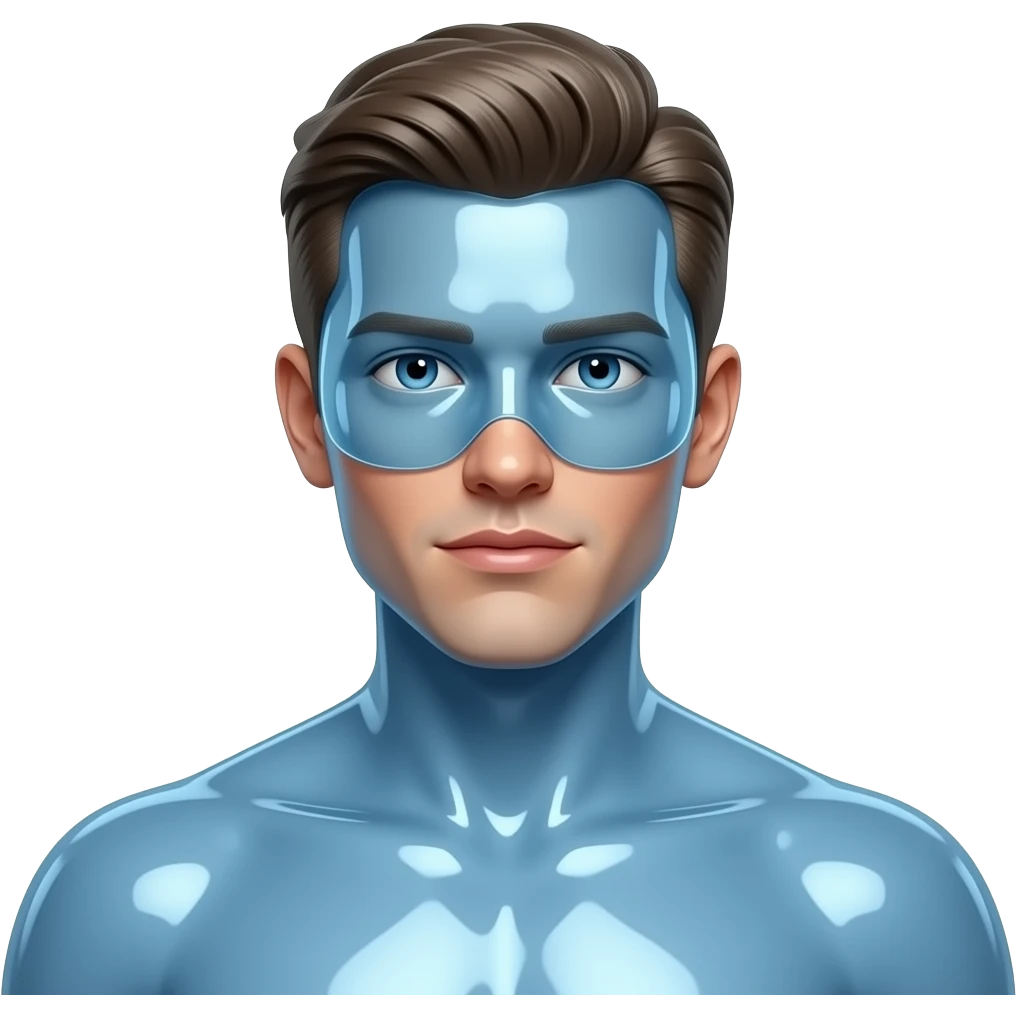 Erstelle eine sexy männliche AI mit durchsichtigen blauen und glänzenden Plastik artigen Gesicht und Körper emoji
