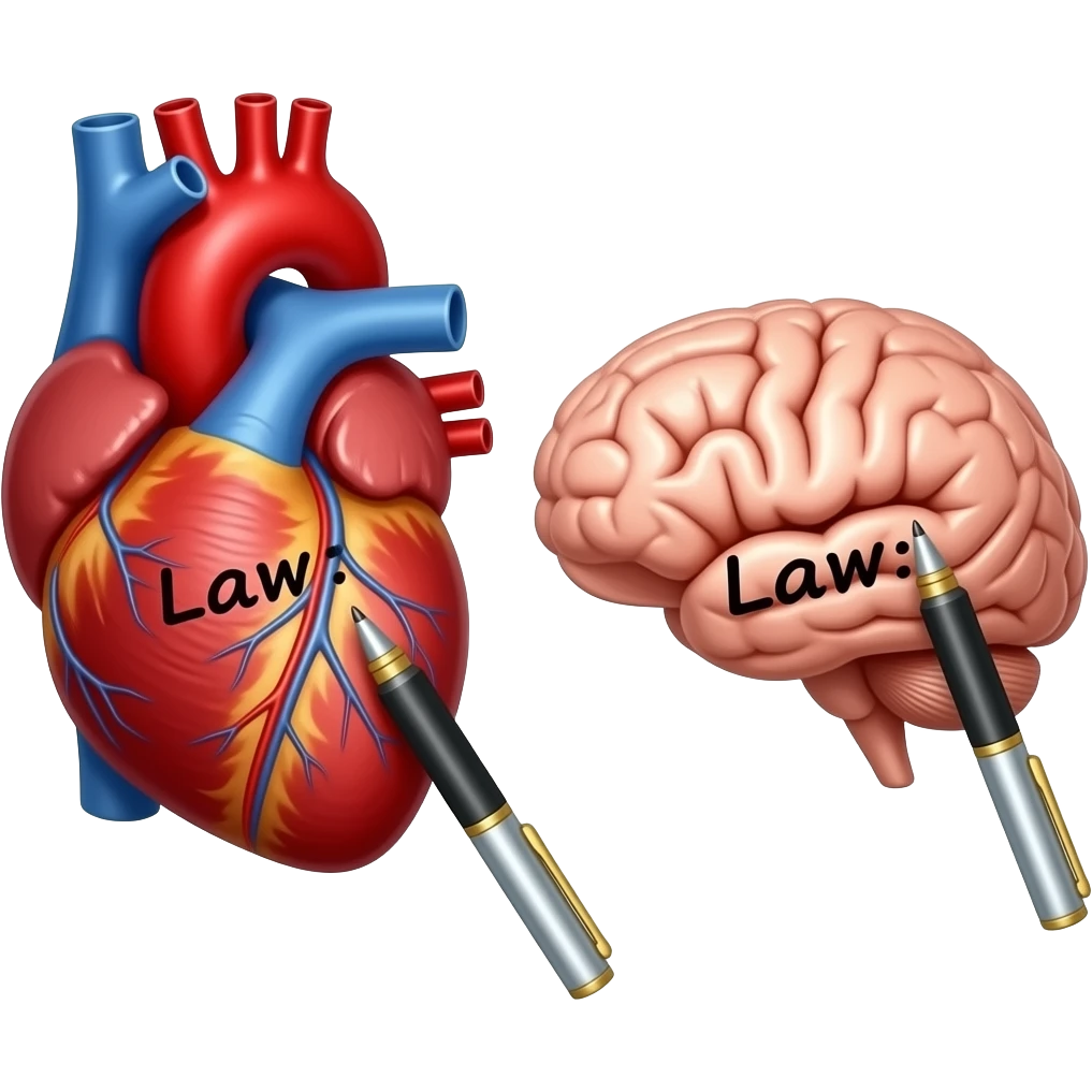 An anatomically acurate human heart with a pen writing "Law:" on the heart. Next to it, an anatomically correct human brain with a pen writing "Law:" on the brain. The word "Law:" has to be on both the heart and the brain.  There should only be one heart and one brain. emoji