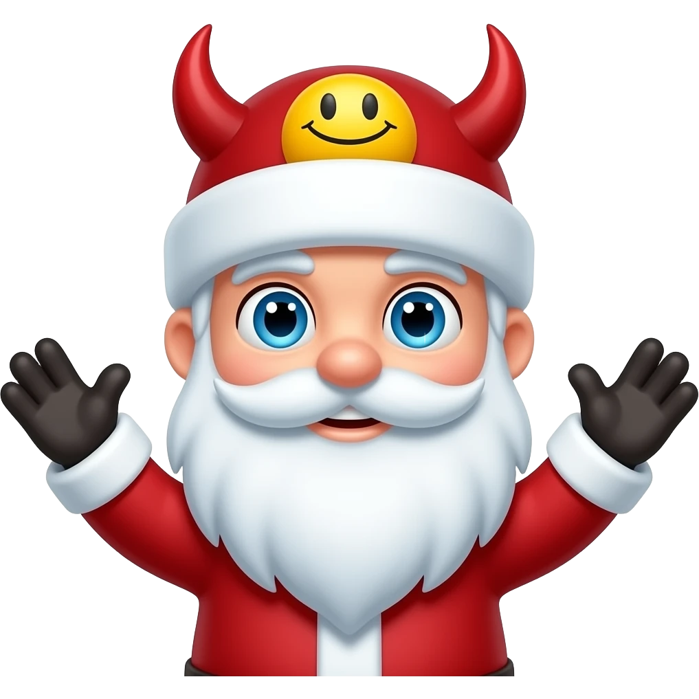 🧑‍🎄gloves blue eyes but with red devilshorns throughly the hat with yellow smiling face and open arms like that 🤗and without glasses and emoji