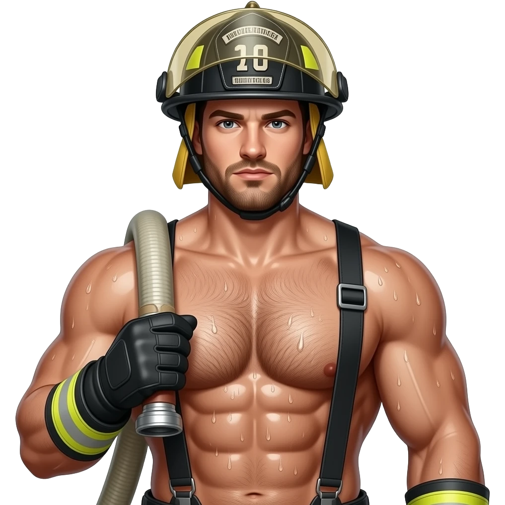 Erstelle ein Portrait von einem muskulösen Oberkörper freien nassen Feuerwehrmann mit Helm, er hat eine behaarte Brust und Bart, seine Brust soll gut mit auf dem Bild zusehen sein und nass glänzen. Er hat Handschuhe und ein Feuerwehrschlauch über der Schulter emoji