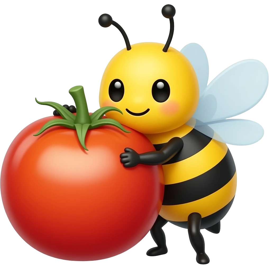 a yellow face cute bumblebee hugging a big cherry tomato emoji