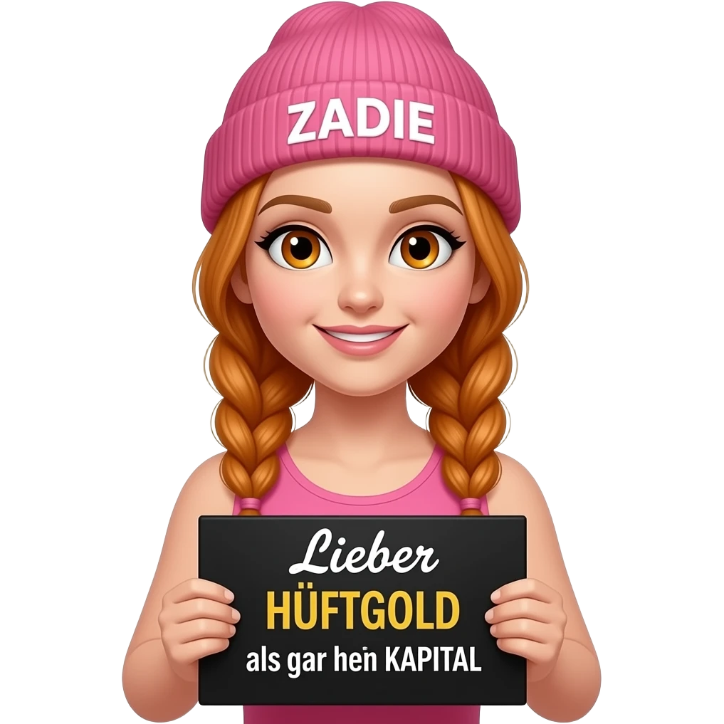 sexy girl with overlong ginger braids and ginger eyes wearing a pink tanktop and a pink beanie with ZADIE written on it, is holding a black sign with Lieber HÜFTGOLD als gar kein KAPITAL written on it emoji