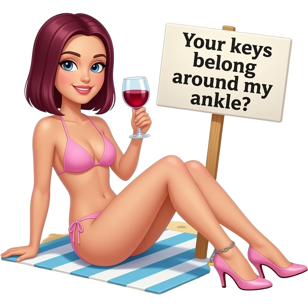 woman. burgundy, straight shoulder-length hair, sunbathing on beach. baby pink bikini. high stiletto heels. Ankle chain with small key dangling from it. Holding glass of red wine in one hand. Holding sign in other hand that says "Your keys belong around my ankle". emoji