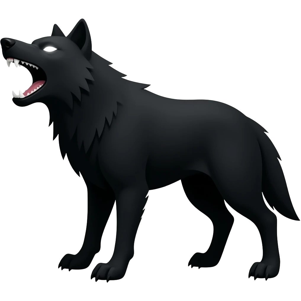A fierce matte-black wolf silhouette in a sharp left-facing side profile, snarling with exposed fangs and jagged teeth. Its pointed ears, wild fur edges, and glowing white eye slit create a brutal, dominant, predator-like emblem against a pure white background. emoji