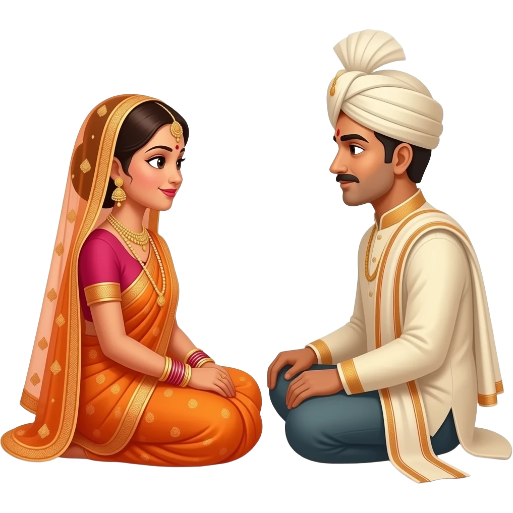 Hindu bride in orange saree and groom sitting facing each other on ground traditional style emoji