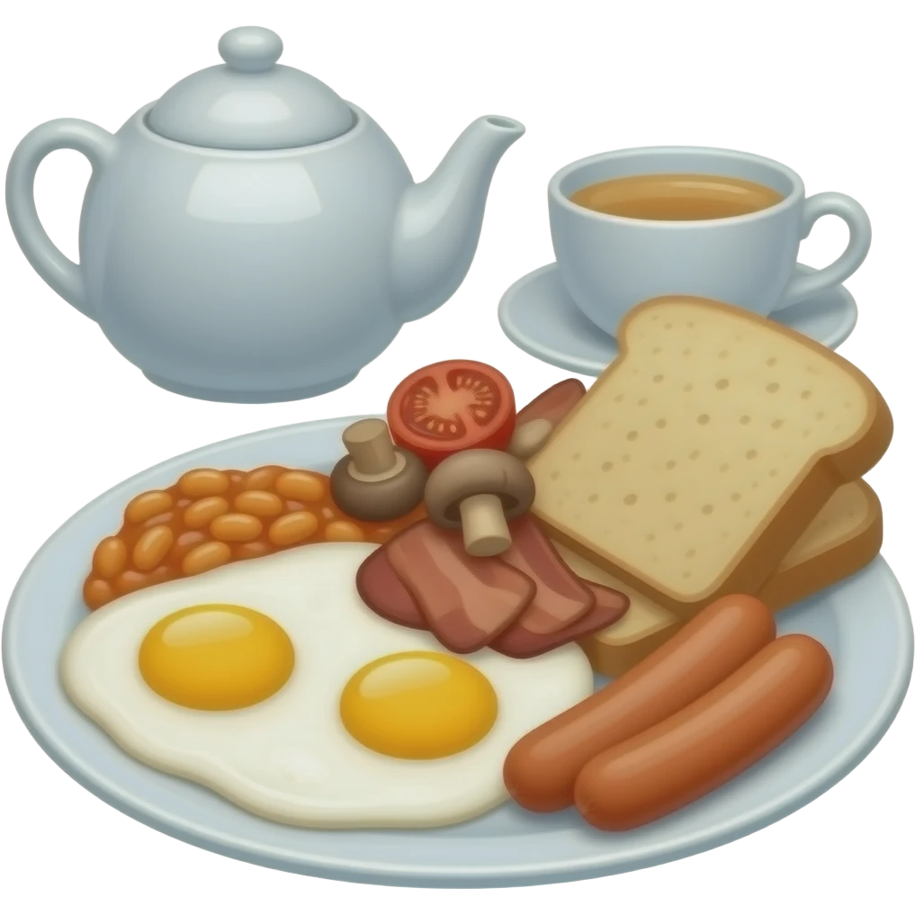 Fried eggs, bacon, sausages, baked beans, fried tomatoes, mushrooms, and toast, often served with tea. emoji