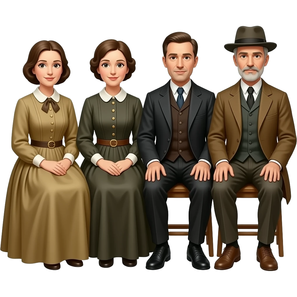 two mothers and two fathers depicted in sitting poses as in daguerreotypes posing in vintage civilian clothes - in daguerreotype format - chemically damaged emoji