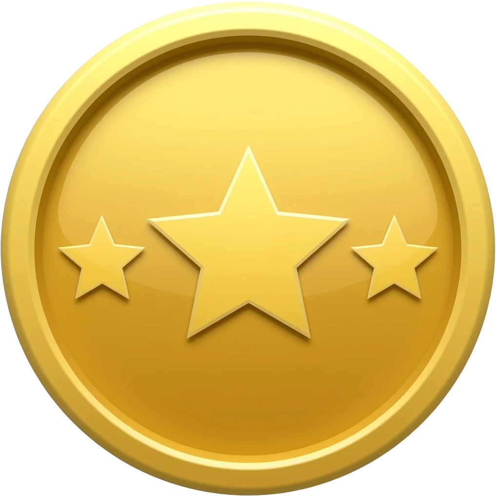 gold coin with 3 stars on it, with the star in the middle being the biggest emoji