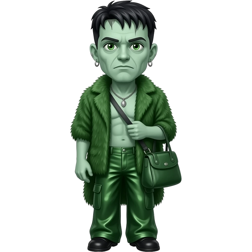 Frankenstein with pale green skin, green eyes, black hair, deep green fur shawl, deep green metallic baggy pants, shirtless with necklace and earrings emoji