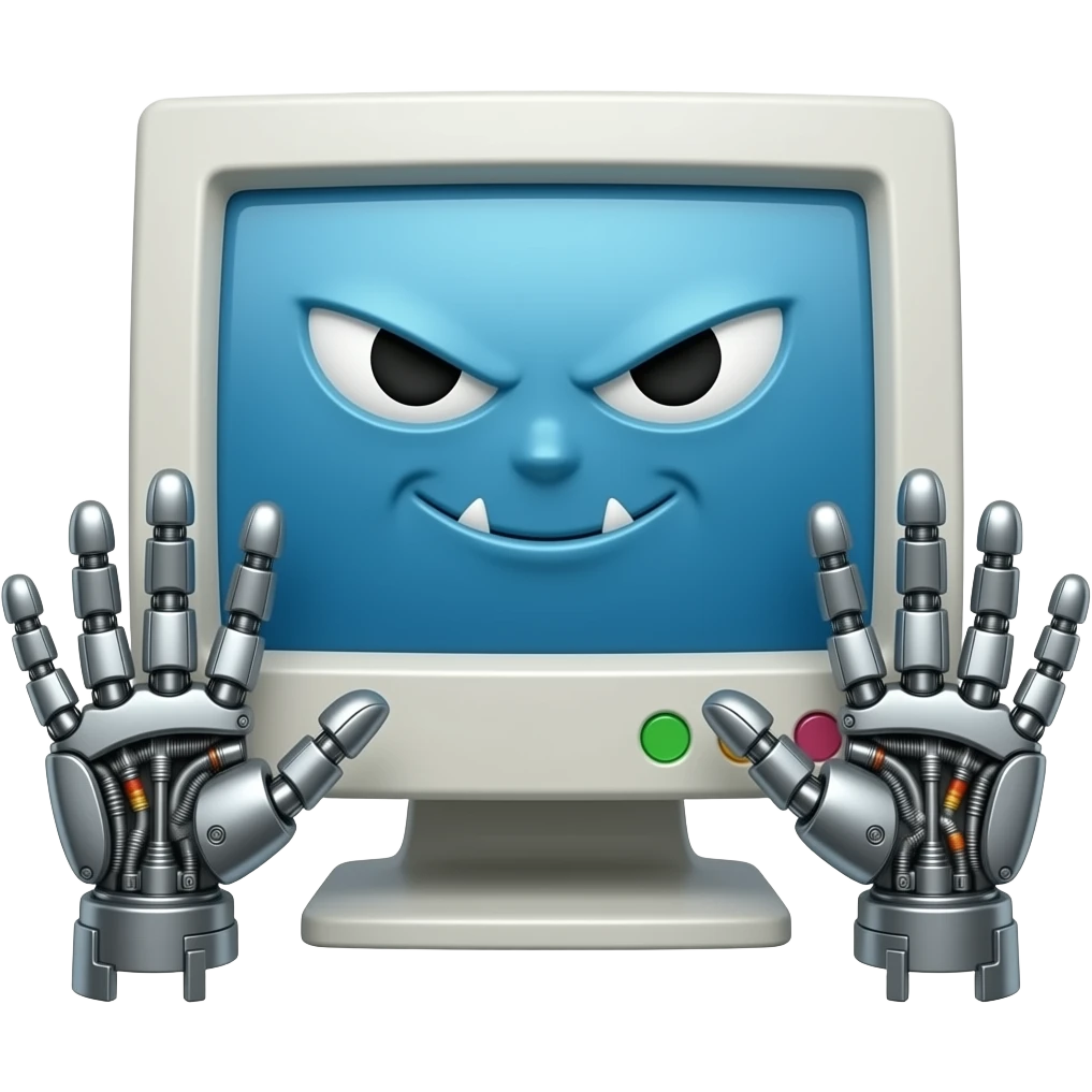 a computer with a evil face and hands emoji